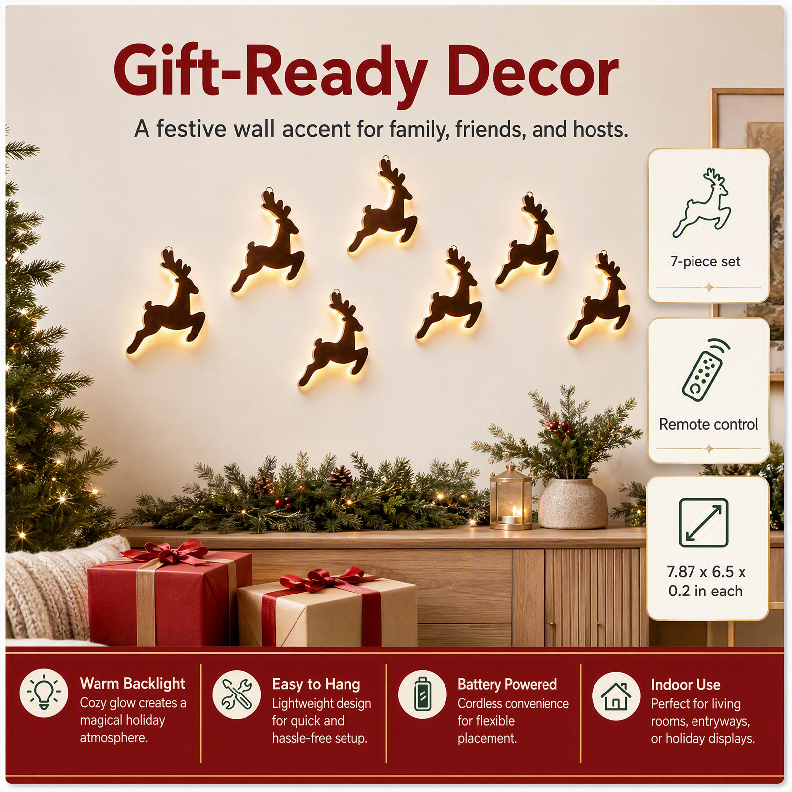 Up Lighting Decor - 7 Adet LED'li Ahşap Ren Geyiği